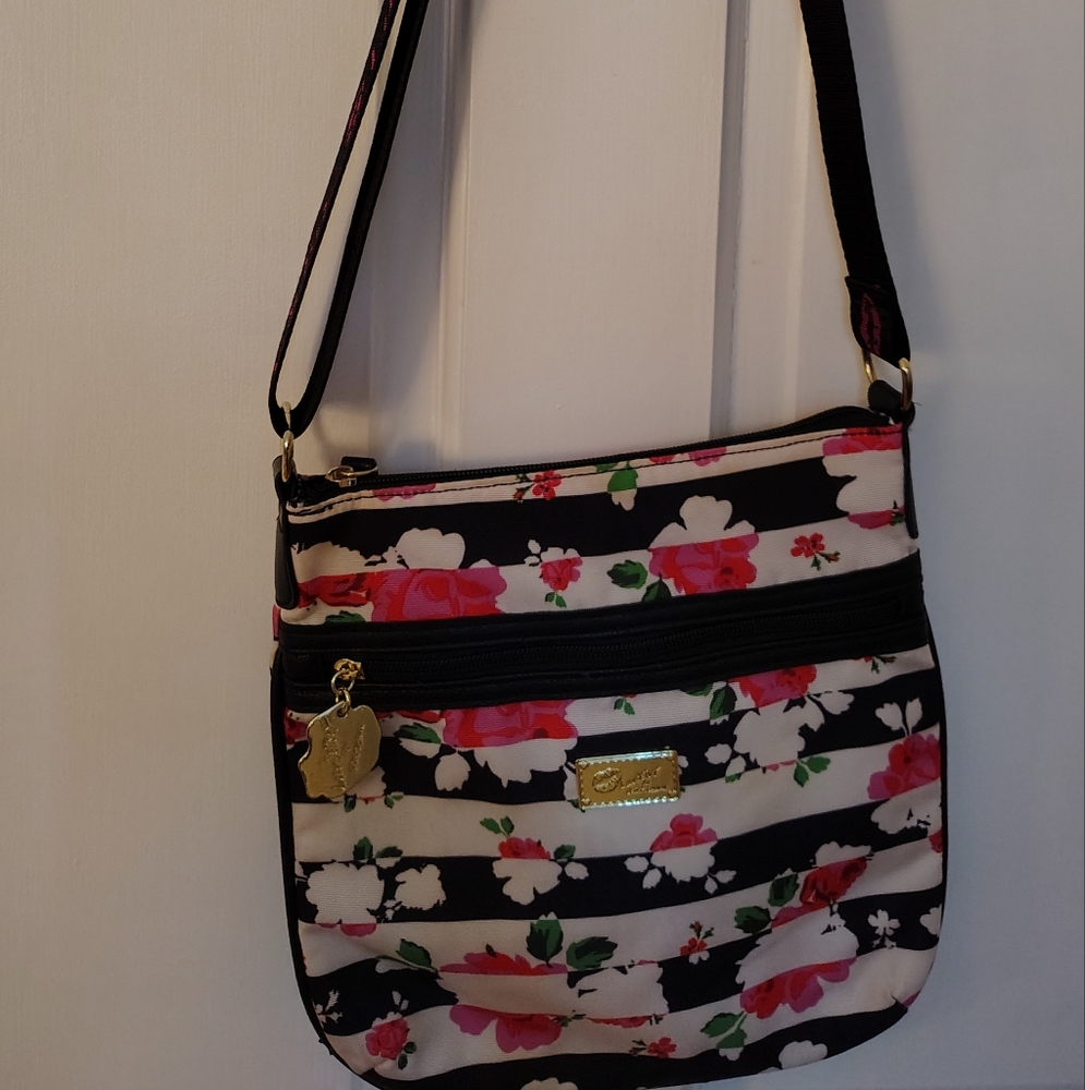 Floral Crossbody Bag - Black and Pink